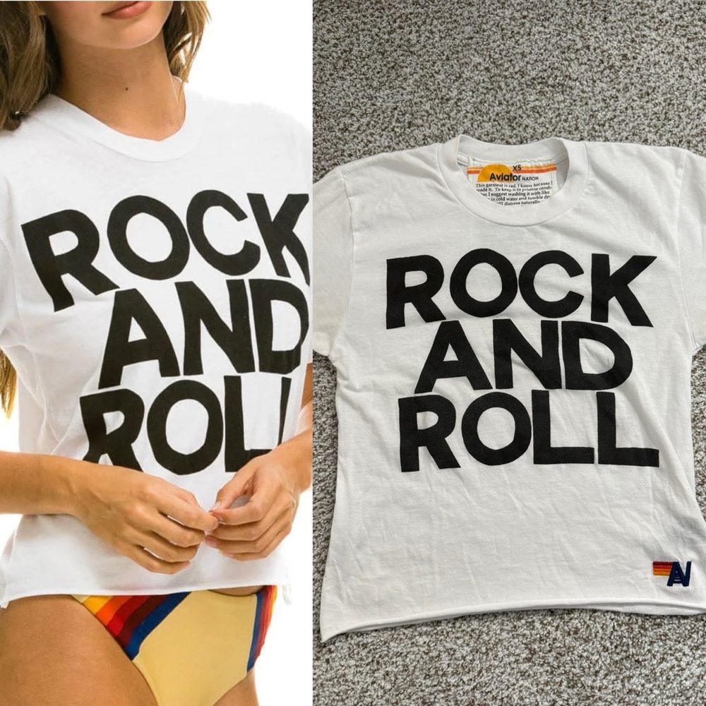 Aviator Nation White 'Rock And Roll' Boyfriend Tee